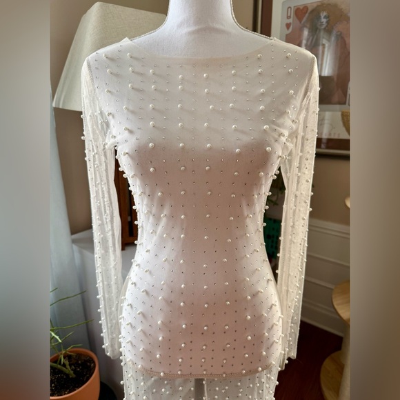 Pearl Rhinestone Embellished Sheer Mesh Maxi Dress - Picture 5 of 13